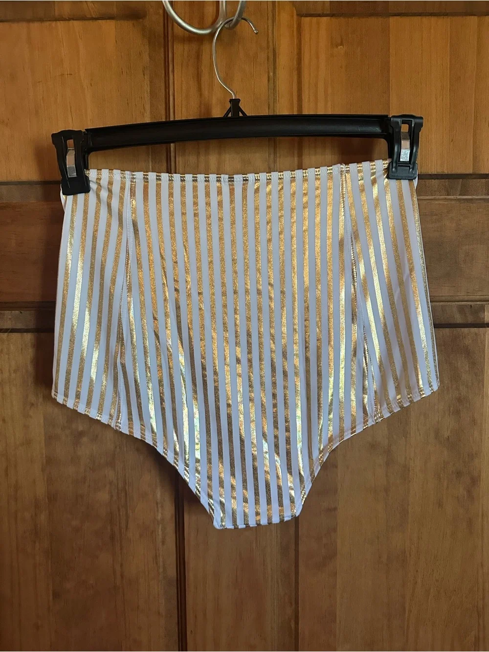 Kortni Jeane White high waisted Bikini Bottoms with Gold Metallic Stripes medium
